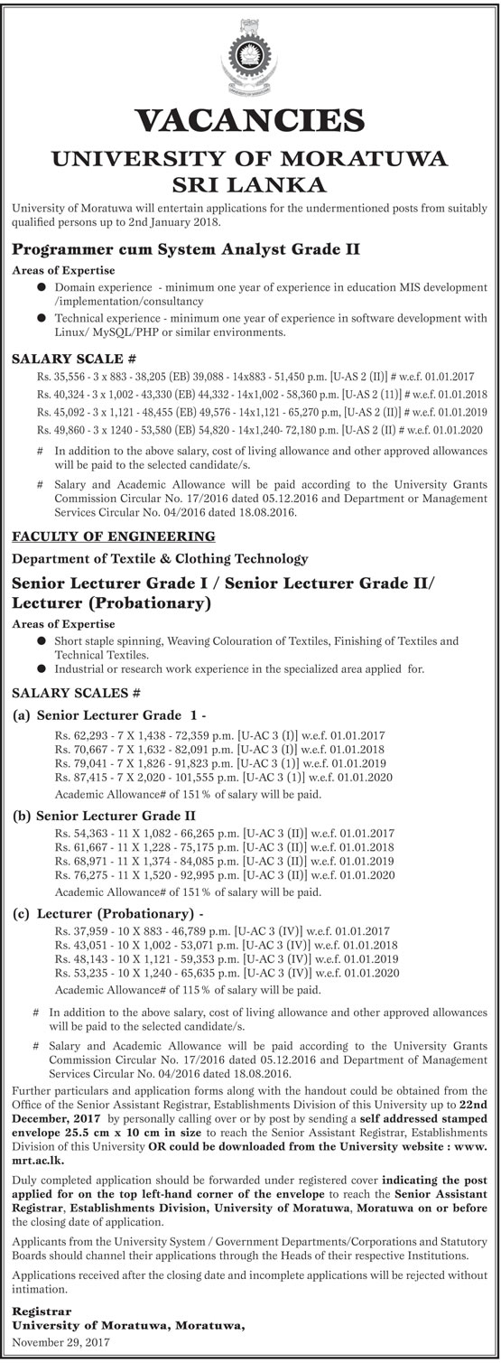 Programmer cum System Analyst, Senior Lecturer, Lecturer - University of Moratuwa